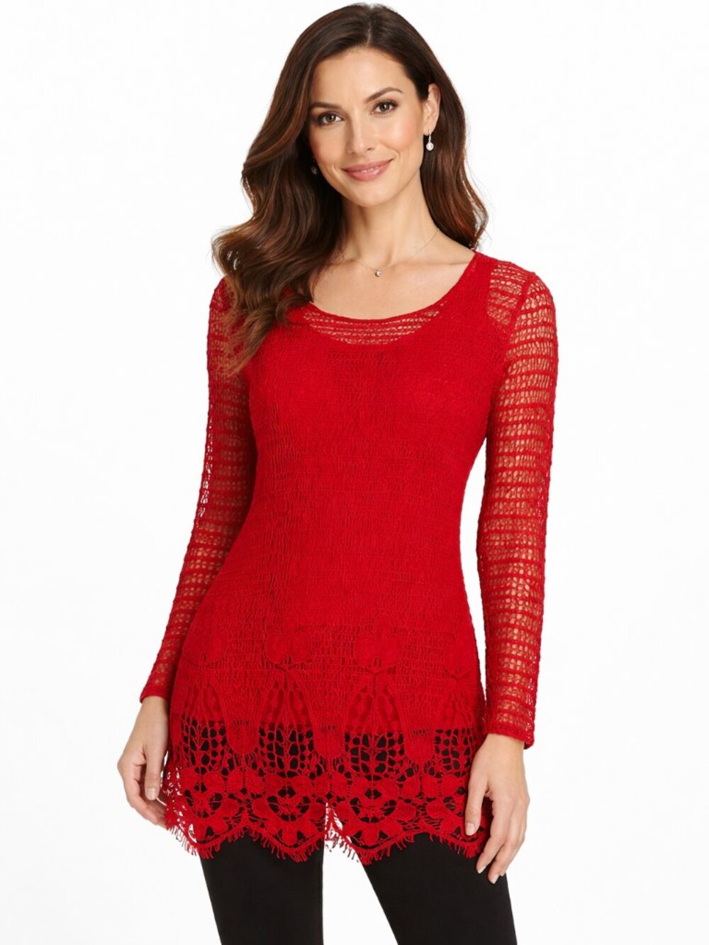 V Cristina Red Crochet Lace Top w/ Attached Camisole – Size Small – EUC